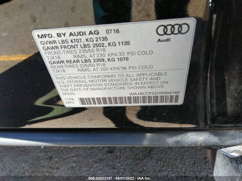 2017 AUDI Q3 PREMIUM WA1BCCFS2HR004160