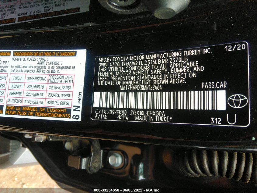 2021 TOYOTA C-HR LE/XLE/LIMITED/NIGHTSHADE NMTKHMBX8MR122464