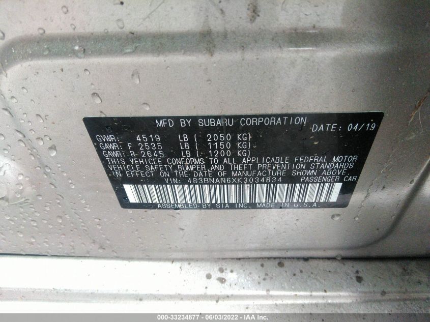 2019 SUBARU LEGACY LIMITED 4S3BNAN6XK3034834