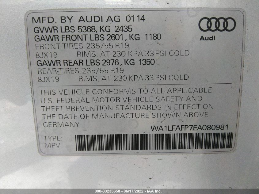2014 AUDI Q5 PREMIUM PLUS WA1LFAFP7EA080981