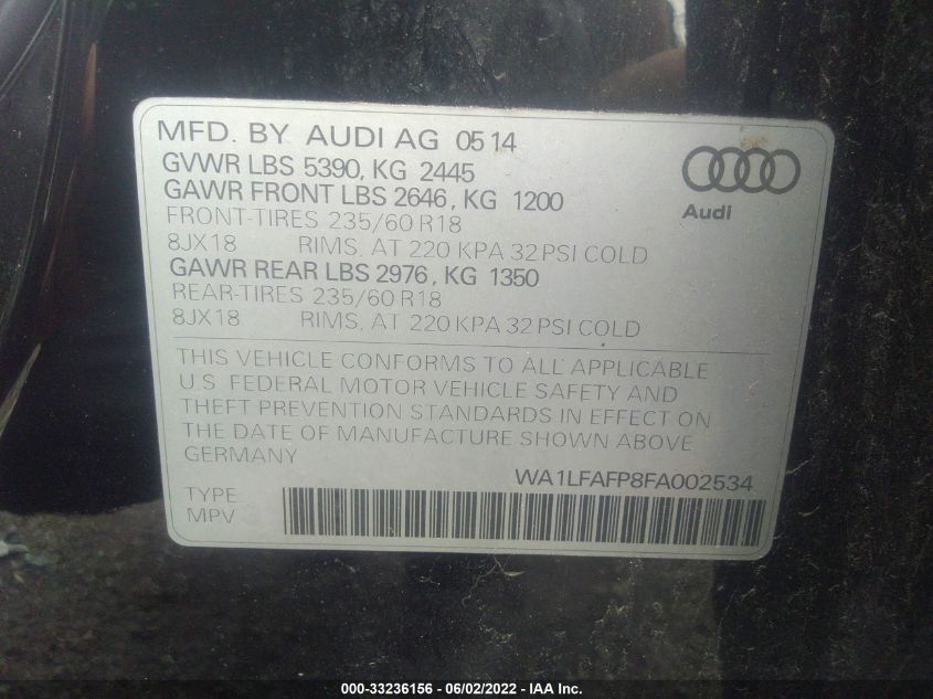 2015 AUDI Q5 PREMIUM PLUS WA1LFAFP8FA002534
