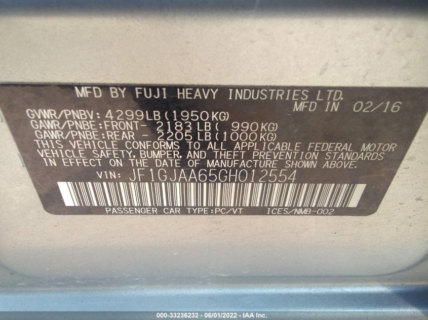 2016 SUBARU IMPREZA SEDAN JF1GJAA65GH012554