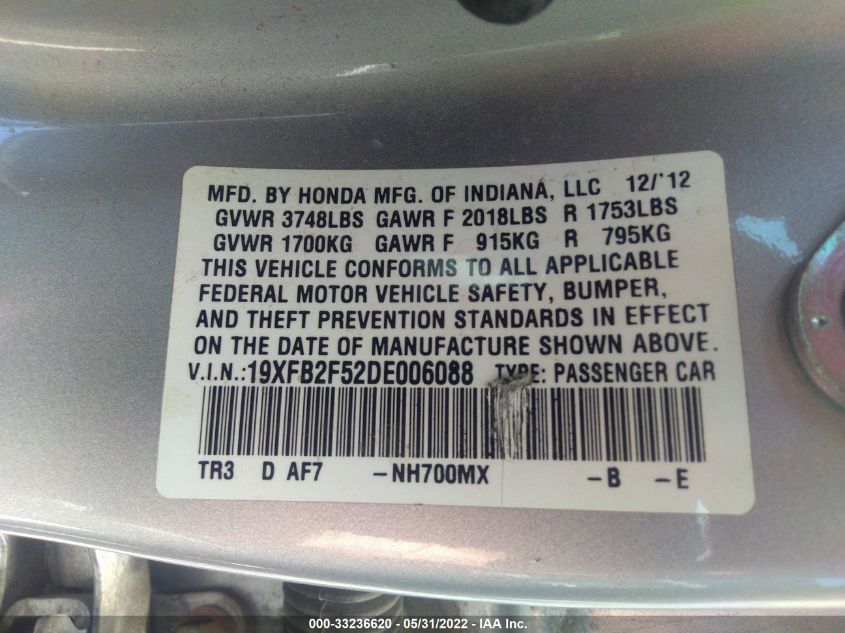 2013 HONDA CIVIC SDN LX 19XFB2F52DE006088