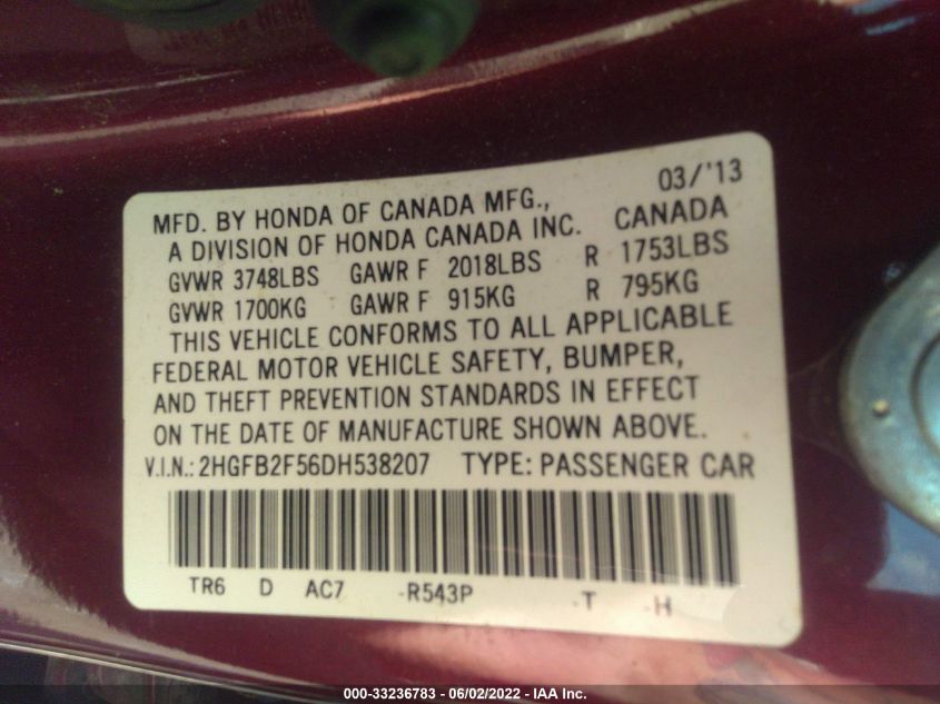 2013 HONDA CIVIC SDN LX 2HGFB2F56DH538207
