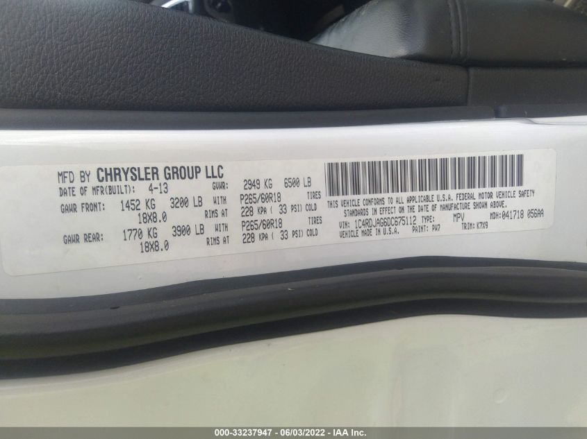 2013 DODGE DURANGO SXT 1C4RDJAG6DC675112