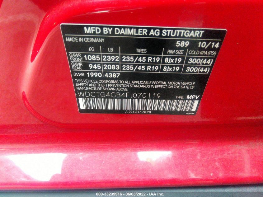 2015 MERCEDES-BENZ GLA-CLASS GLA 250 WDCTG4GB4FJ070119