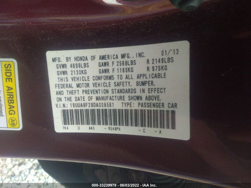 2013 ACURA TL 19UUA8F28DA008581