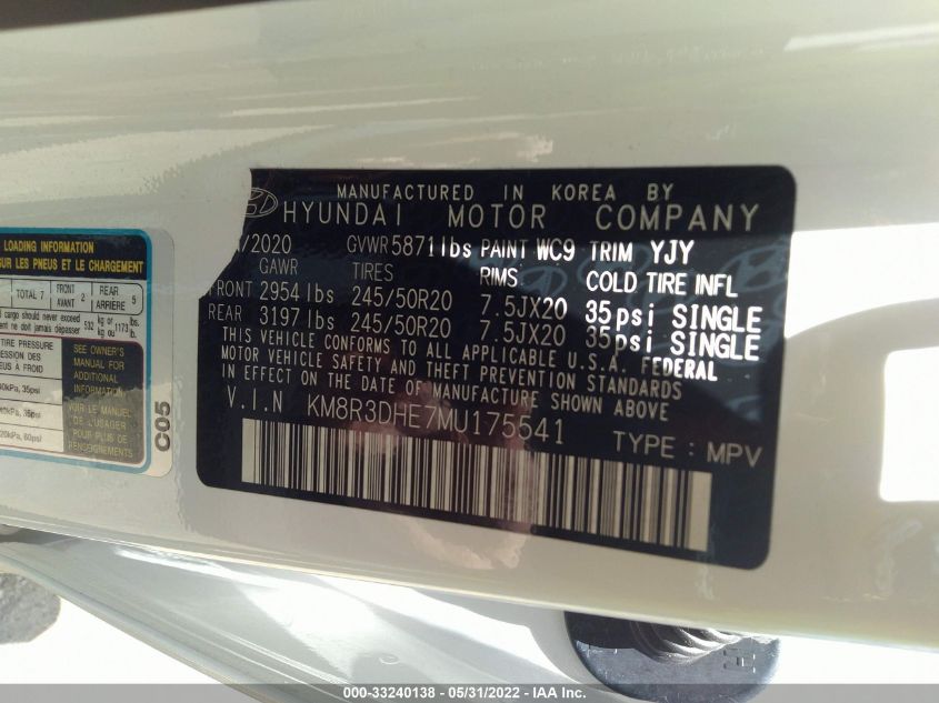 2021 HYUNDAI PALISADE SEL KM8R3DHE7MU175541