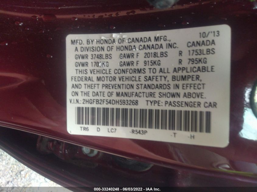 2013 HONDA CIVIC SDN LX 2HGFB2F54DH593268