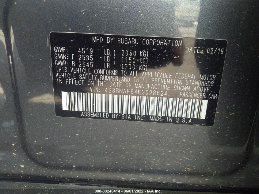 2019 SUBARU LEGACY PREMIUM 4S3BNAF64K3028624