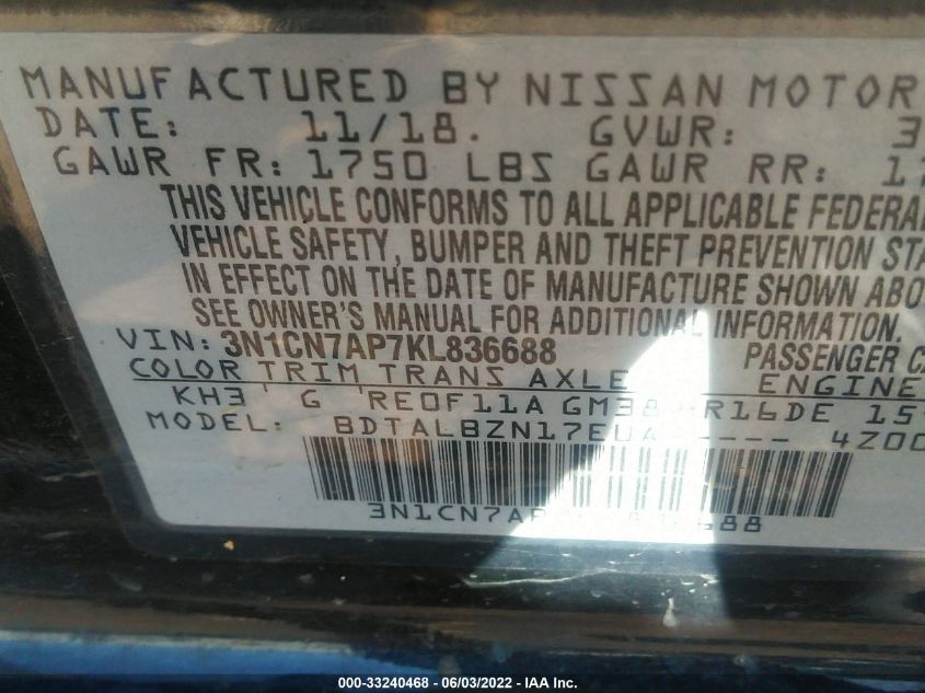 2019 NISSAN VERSA SEDAN SV 3N1CN7AP7KL836688