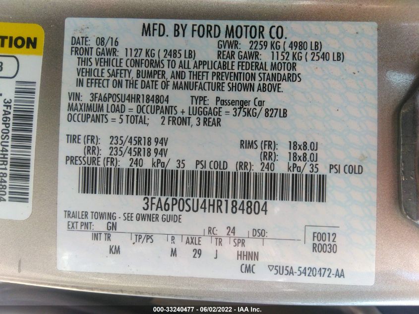 2017 FORD FUSION ENERGI TITANIUM/PLATINUM 3FA6P0SU4HR184804
