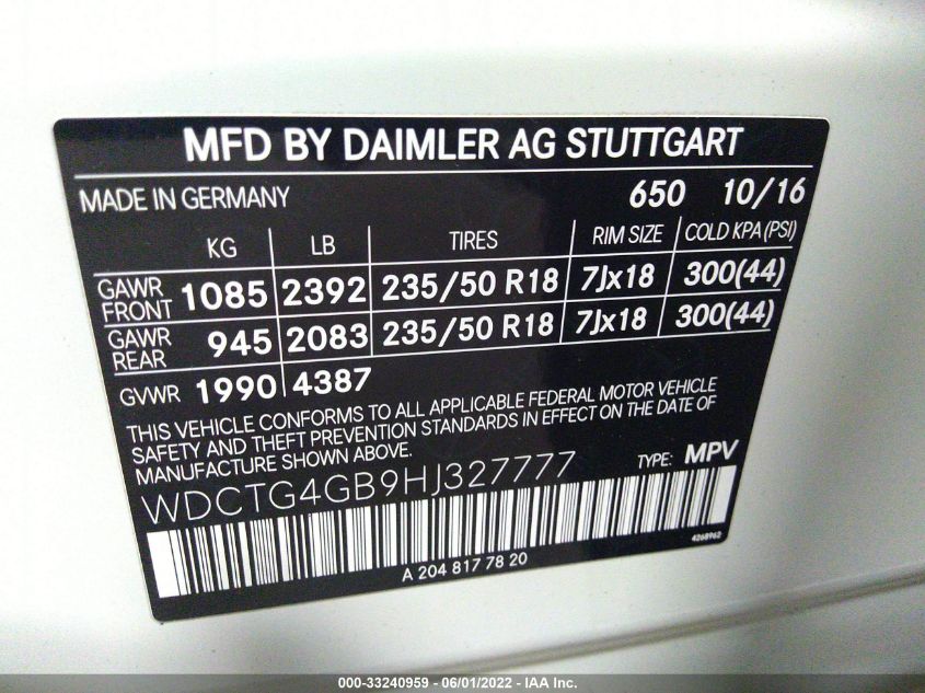 2017 MERCEDES-BENZ GLA GLA 250 WDCTG4GB9HJ327777