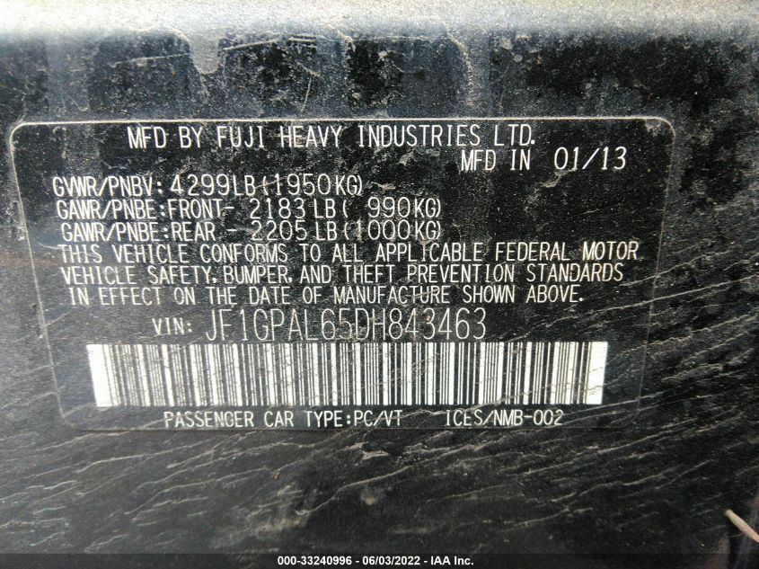 2013 SUBARU IMPREZA WAGON SPORT PREMIUM JF1GPAL65DH843463
