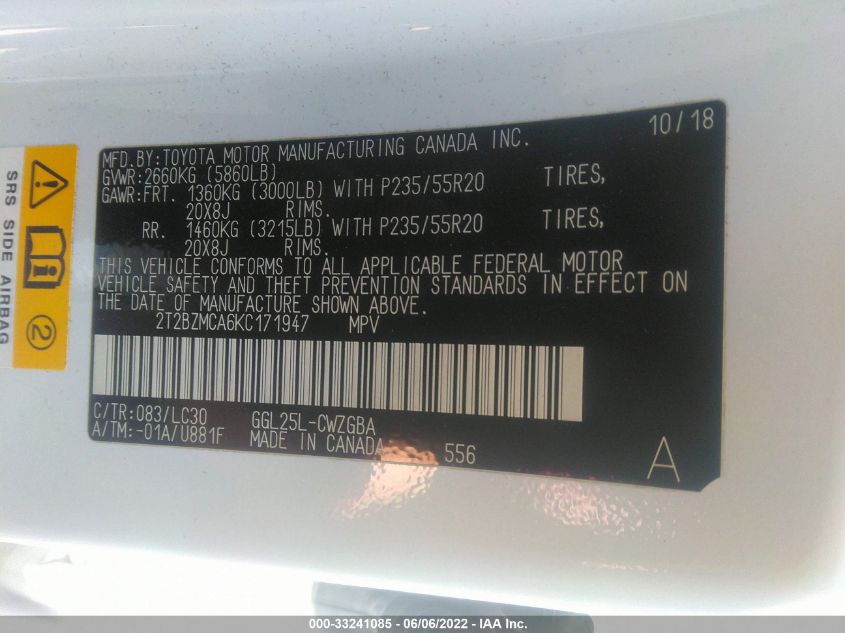 2019 LEXUS RX RX 350 2T2BZMCA6KC171947