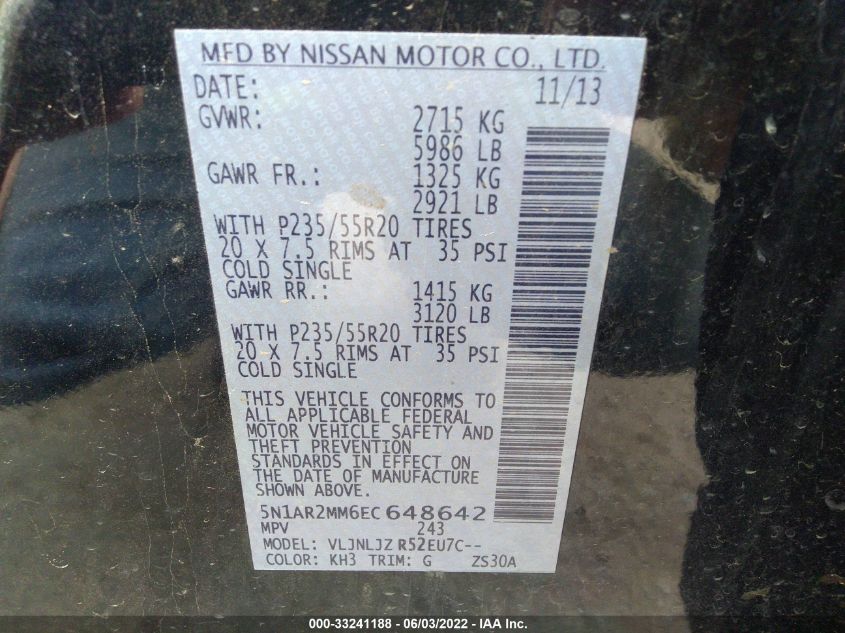 2014 NISSAN PATHFINDER PLATINUM 5N1AR2MM6EC648642