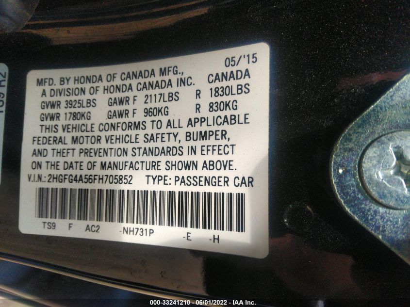 2015 HONDA CIVIC COUPE SI 2HGFG4A56FH705852