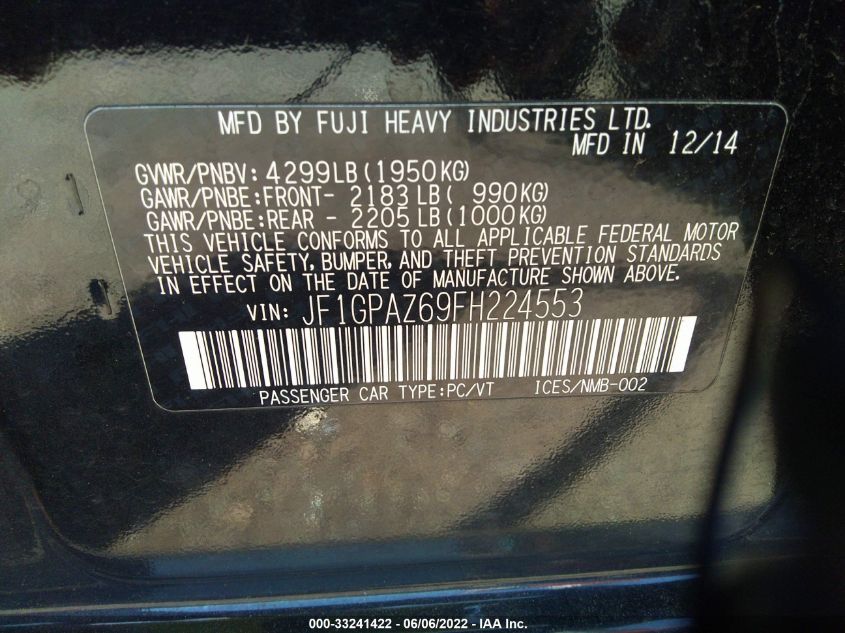 2015 SUBARU IMPREZA WAGON 2.0I SPORT LIMITED JF1GPAZ69FH224553
