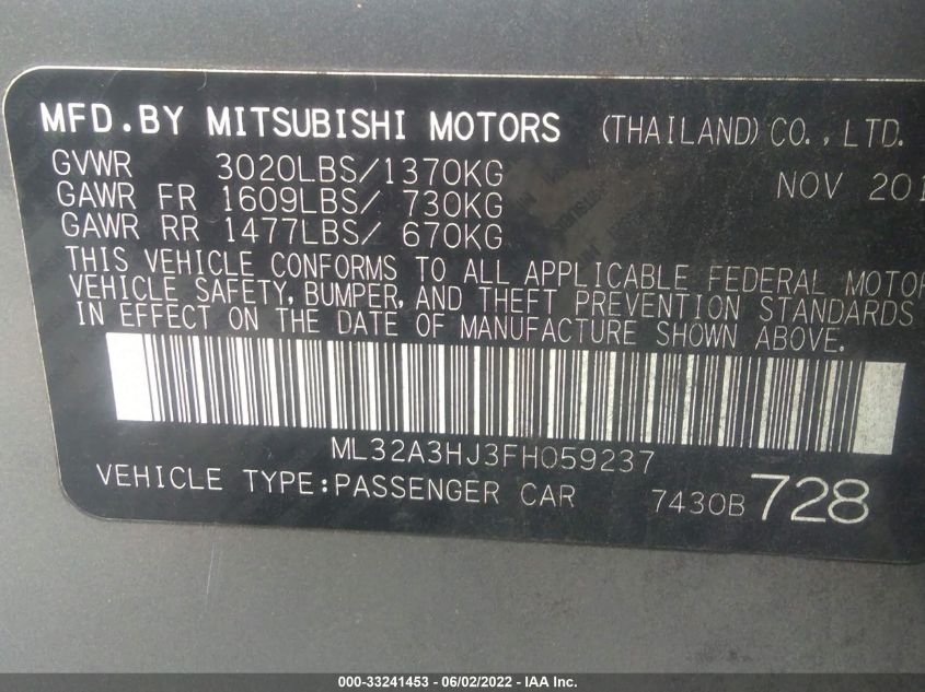 2015 MITSUBISHI MIRAGE DE/RF ML32A3HJ3FH059237