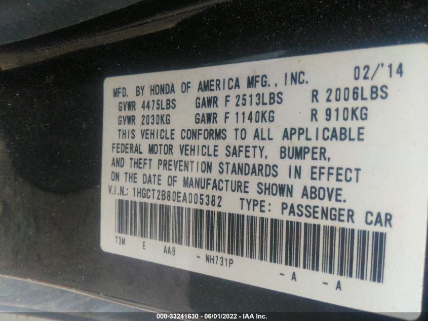 2014 HONDA ACCORD COUPE EX-L 1HGCT2B80EA005382