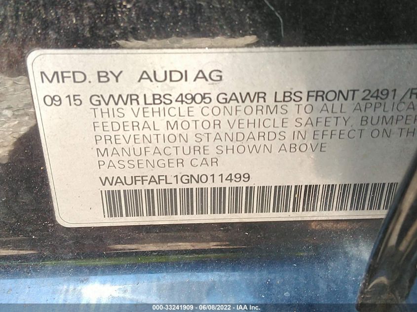 2016 AUDI A4 PREMIUM PLUS/S-LINE WAUFFAFL1GN011499