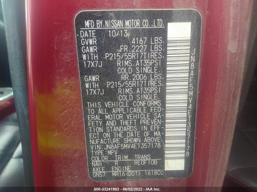 2014 NISSAN JUKE SL JN8AF5MV4ET357178