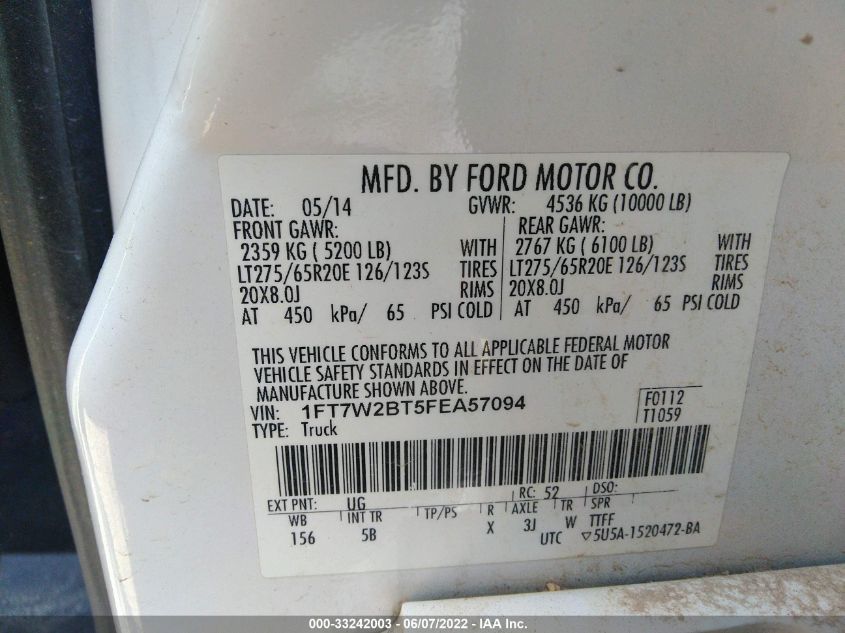 2015 FORD SUPER DUTY F-250 SRW SUPER DUTY 1FT7W2BT5FEA57094