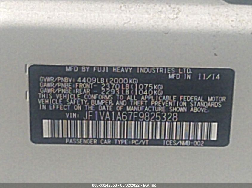 2015 SUBARU WRX JF1VA1A67F9825328