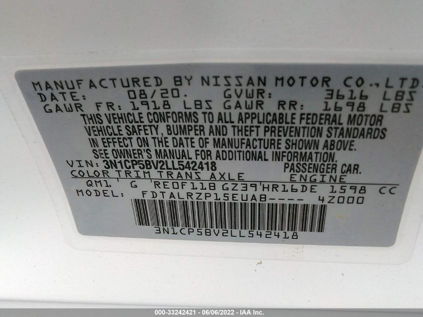 2020 NISSAN KICKS S 3N1CP5BV2LL542418