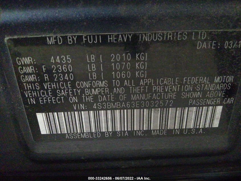 2014 SUBARU LEGACY 2.5I 4S3BMBA63E3032572