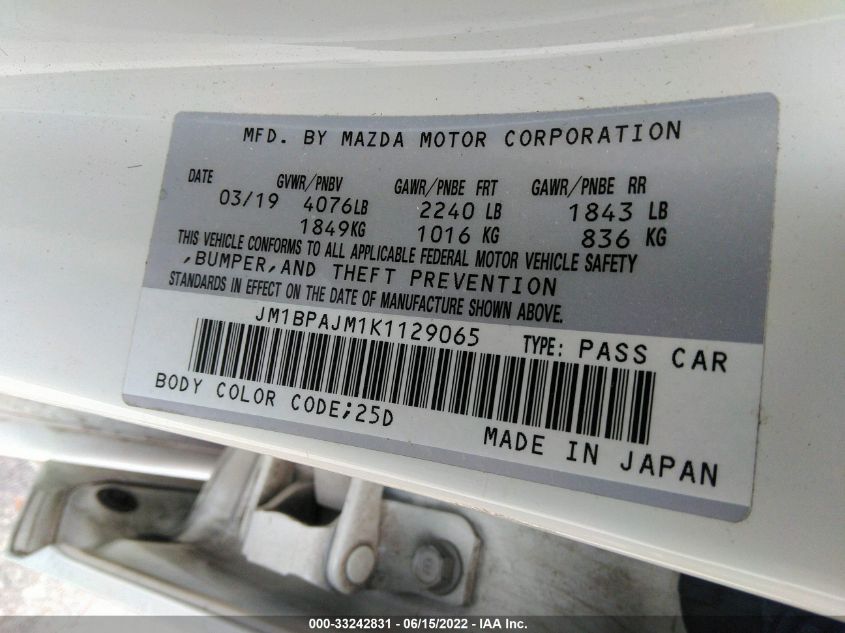 2019 MAZDA MAZDA3 HATCHBACK JM1BPAJM1K1129065