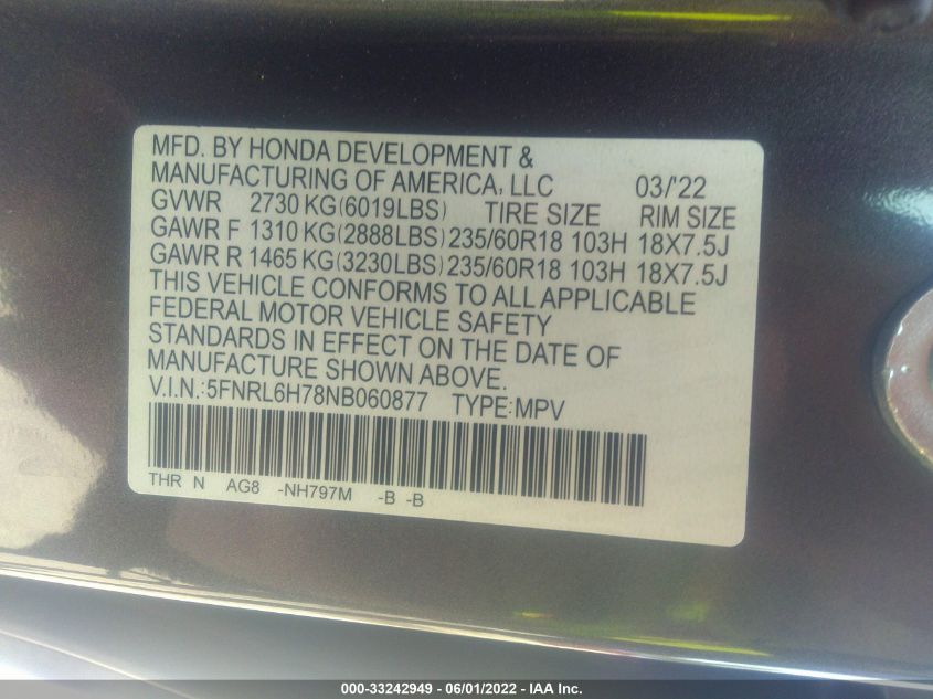 2022 HONDA ODYSSEY EX-L 5FNRL6H78NB060877