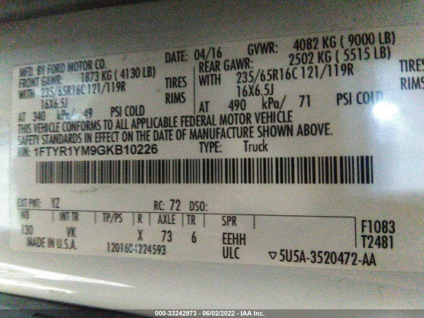 2016 FORD TRANSIT CARGO VAN 1FTYR1YM9GKB10226