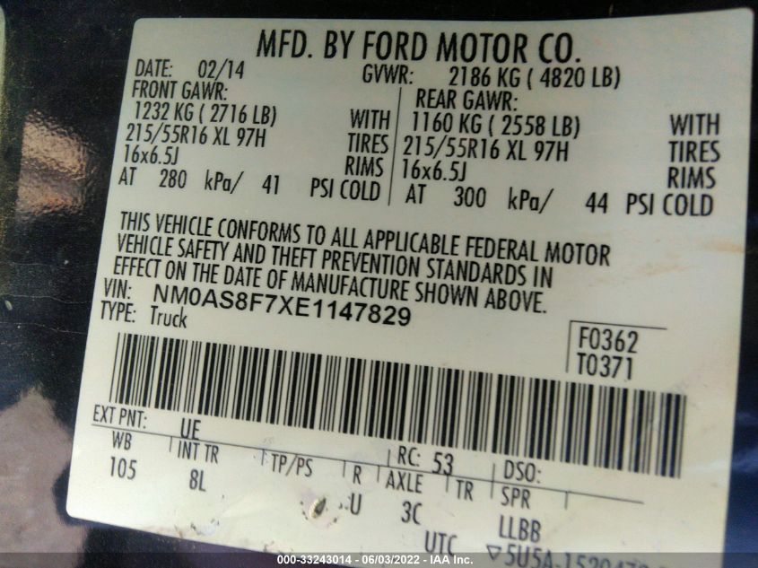 2014 FORD TRANSIT CONNECT WAGON XLT NM0AS8F7XE1147829