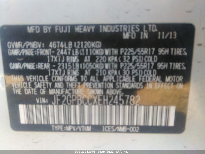 2014 SUBARU XV CROSSTREK HYBRID 2.0I HYBRID JF2GPBCCXEH245782