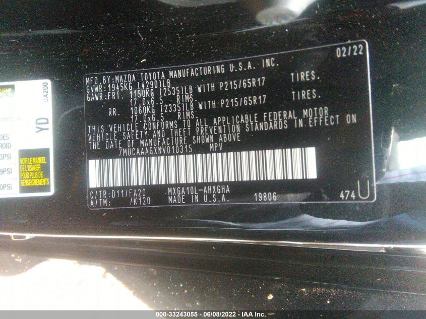 2022 TOYOTA COROLLA CROSS LE 7MUCAAAGXNV010315