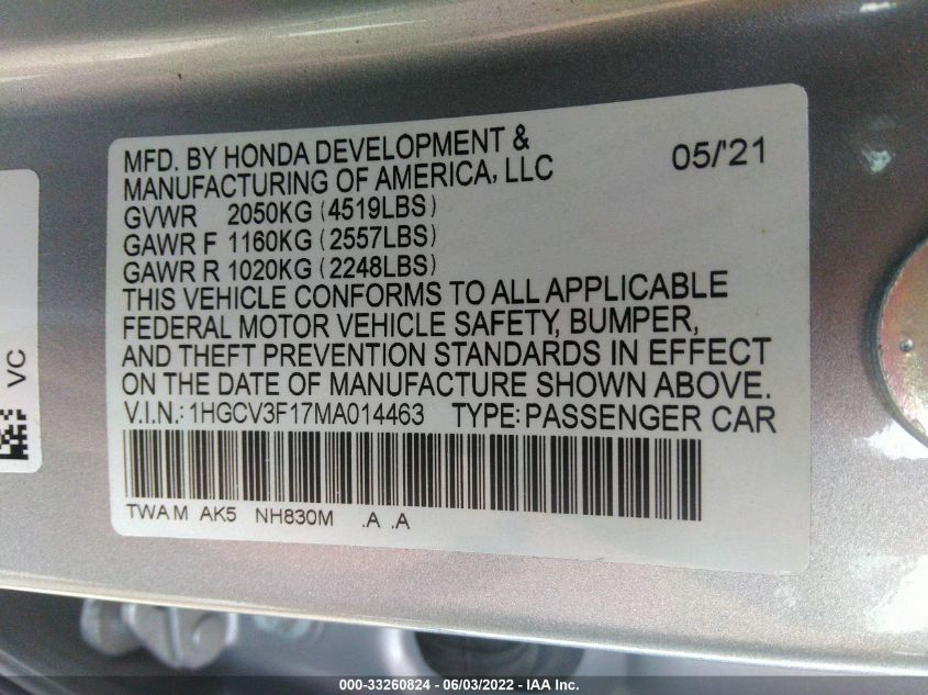 2021 HONDA ACCORD HYBRID 1HGCV3F17MA014463