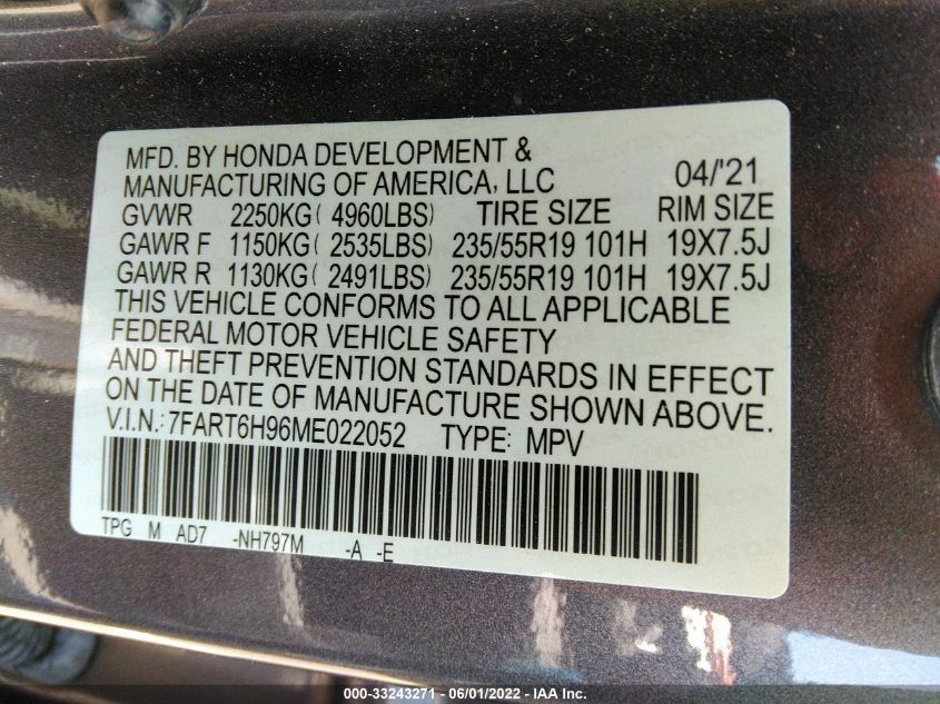 2021 HONDA CR-V HYBRID TOURING 7FART6H96ME022052