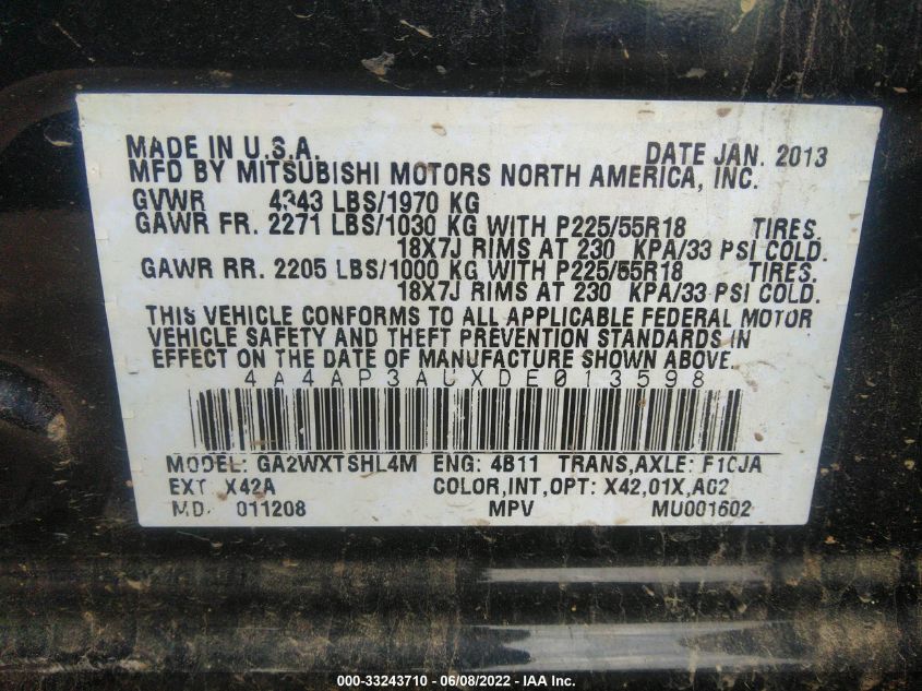 2013 MITSUBISHI OUTLANDER SPORT ES 4A4AP3AUXDE013598