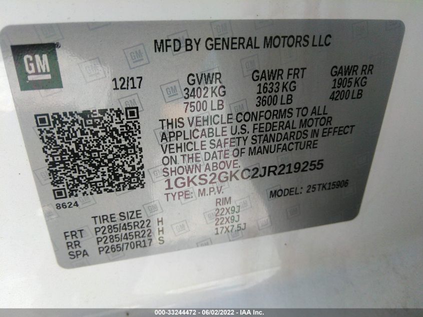 2018 GMC YUKON XL SLT 1GKS2GKC2JR219255