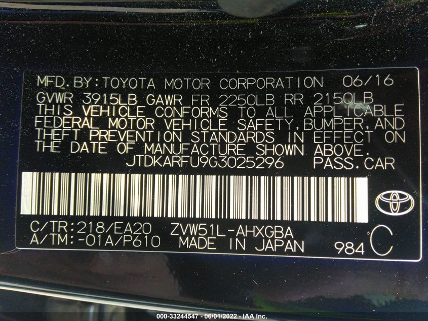 2016 TOYOTA PRIUS FOUR JTDKARFU9G3025296