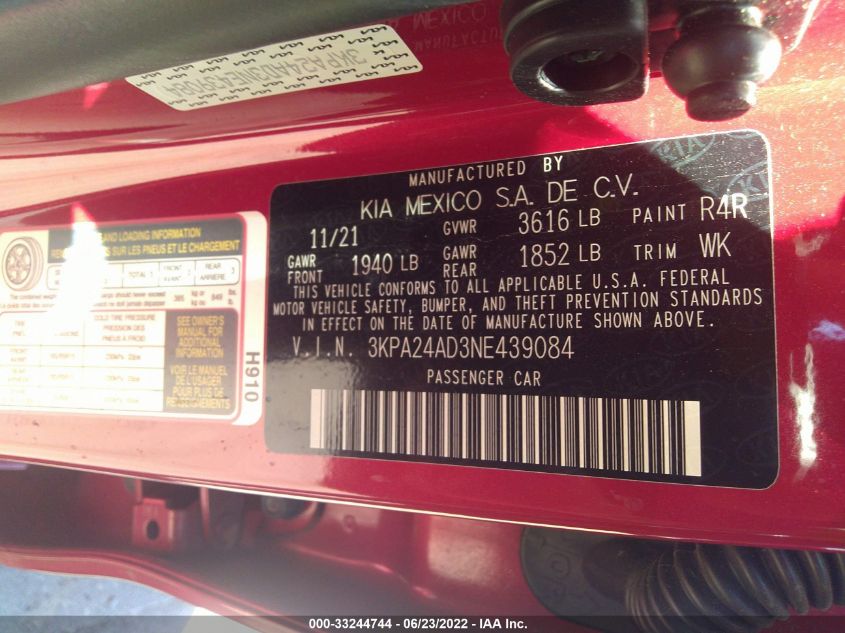 2022 KIA RIO S 3KPA24AD3NE439084