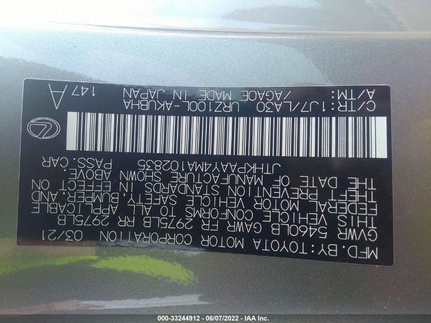 2021 LEXUS LC LC 500 JTHKPAAY4MA102835
