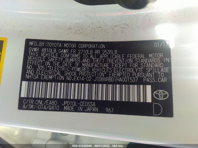 2017 TOYOTA MIRAI JTDBVRBD7HA001537