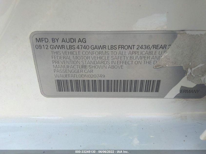 2013 AUDI A4 PREMIUM PLUS WAUEFAFL0DN020749