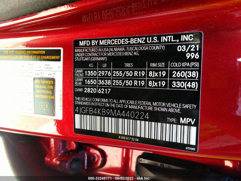 2021 MERCEDES-BENZ GLE GLE 350 4JGFB4KB9MA440224
