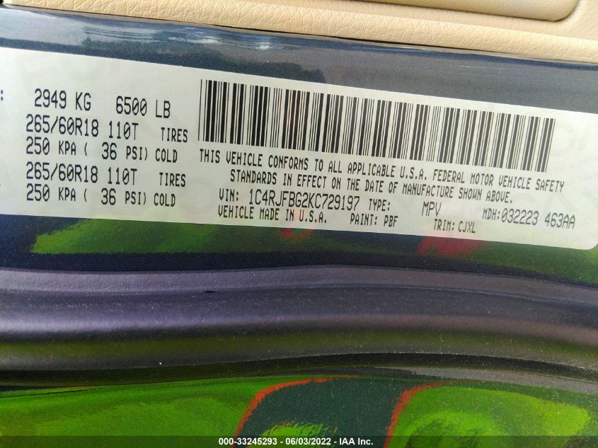 2019 JEEP GRAND CHEROKEE LIMITED 1C4RJFBG2KC729197