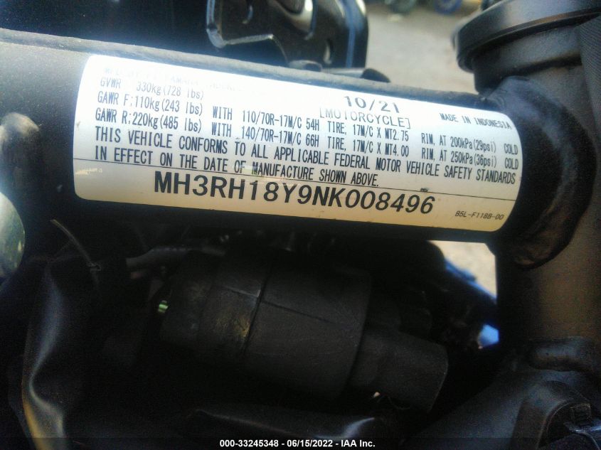 2022 YAMAHA YZFR3 A MH3RH18Y9NK008496