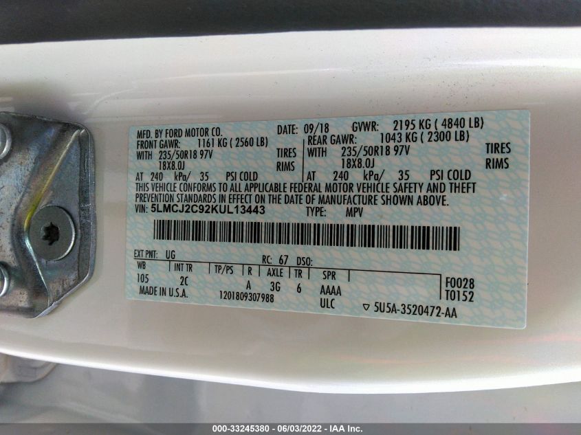 2019 LINCOLN MKC SELECT 5LMCJ2C92KUL13443