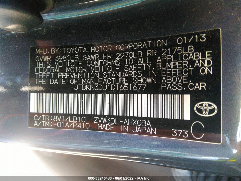 2013 TOYOTA PRIUS ONE/TWO/THREE/FOUR/FIVE JTDKN3DU1D1651677